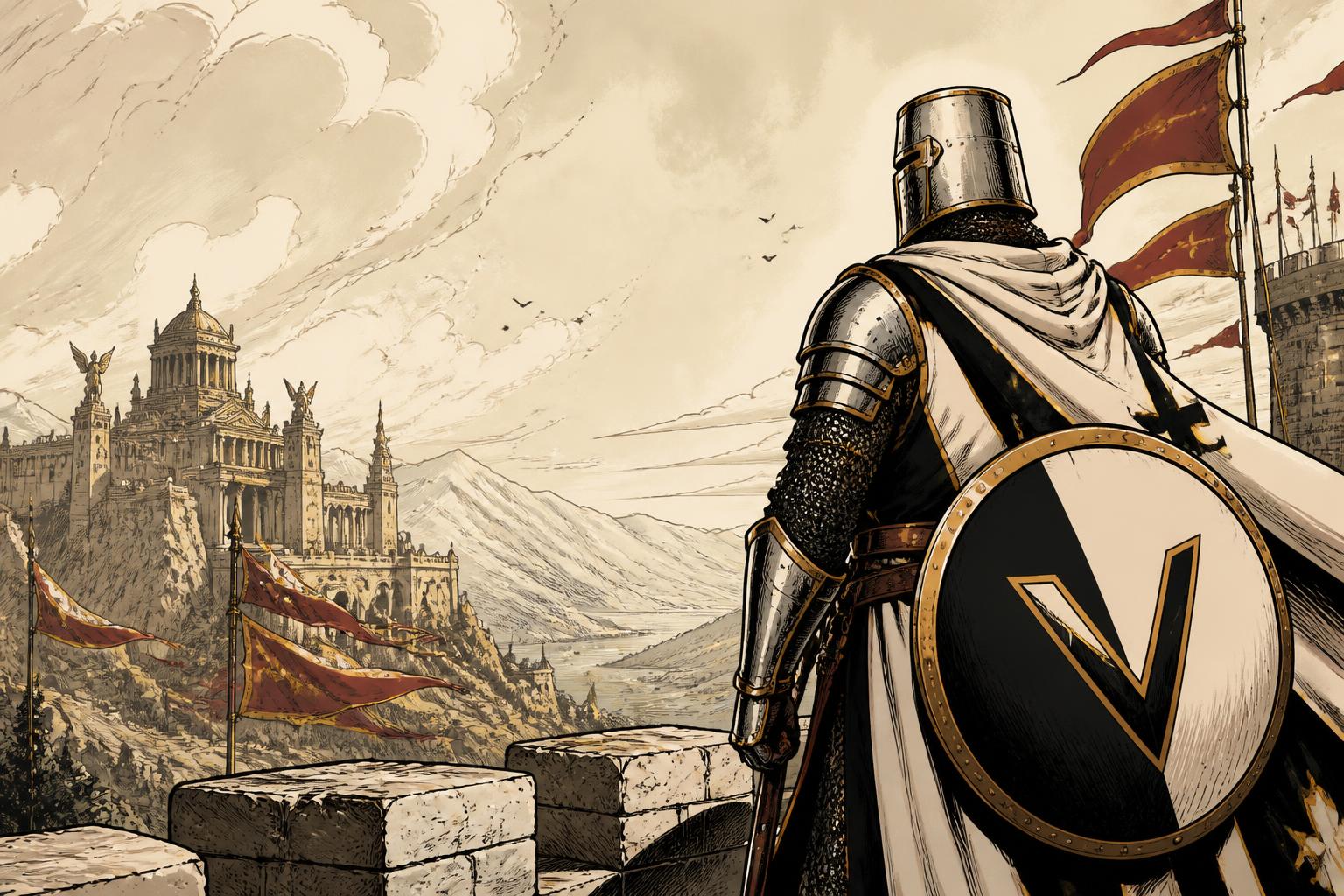 Cavaliere affacciato su una cittadella, illustrazione editoriale di Veroniqueo
